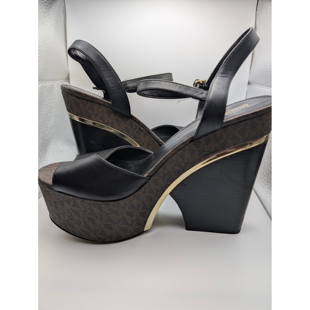 Michael Kors Womens Black Leather MK Signature Platform Wedge Sandals Size 8.5 - Picture 4 of 11
